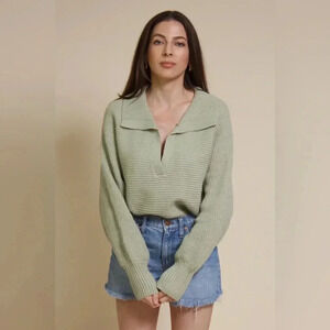 Green Collared Knit Sweater with Balloon Sleeves- Mable